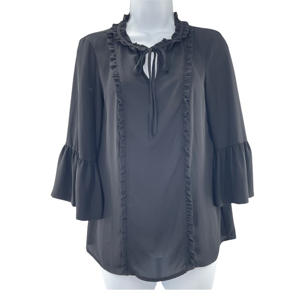 KARL LAGERFELD PARIS Black 3/4 Bell Sleeve Ruffle Front Tie Neck Blouse XS